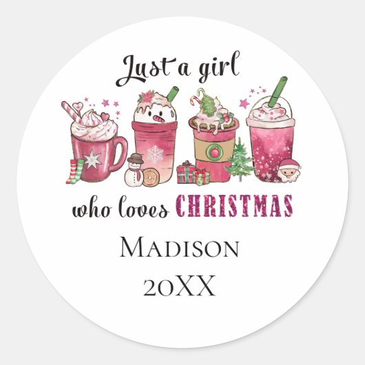 クリスマスが大好きな女の子のオリジナルステッカー 最新トレンド ラウンドシール (正面)