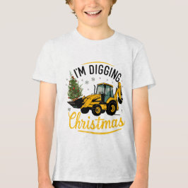 クリスマスが大好きな子供たちの可愛いショベルカーとツリー トライブレンドTシャツ