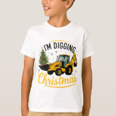 クリスマスが大好き！かわいいショベルカーとツリーのキッズデザイン Tシャツ (正面)