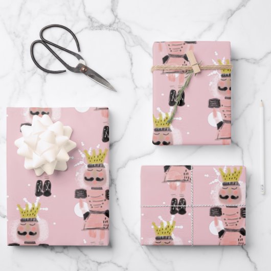 クリスマスくるみ割り姿手描きピンク ラッピングペーパーシート (正面)