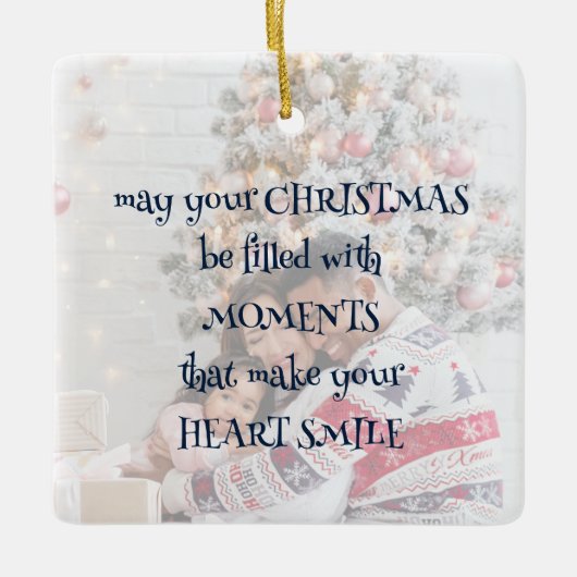 クリスマスことわざフォトオーバーレイネイビーお洒落文字 セラミックオーナメント (正面)