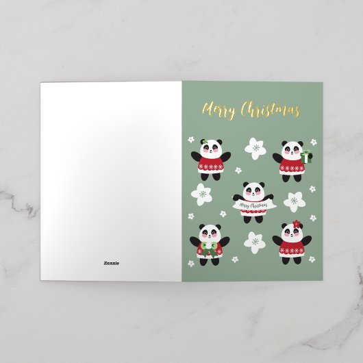 クリスマスさくらんぼブロッサムパンダ 箔グリーティングカード (外側レイダウン)