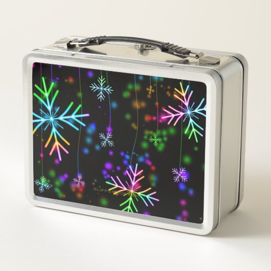クリスマスさまざまなネオンカラー雪の結晶を落とすS メタルランチボックス (裏面)