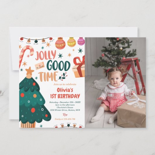 クリスマスすてきグッドタイム1st誕生日の写真 招待状 (正面)