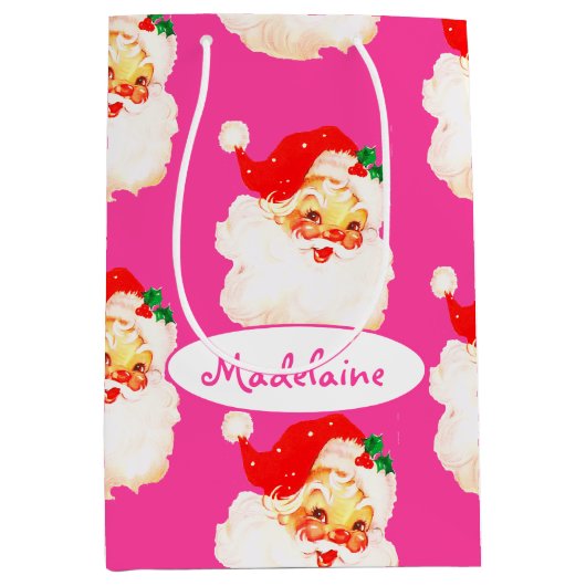 クリスマスすてきサンタメリーピンクおもしろい ミディアムペーパーバッグ (正面)