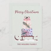 クリスマスそりは贈り物でいっぱいで、ライトグリーン シーズンカード (正面/裏面)