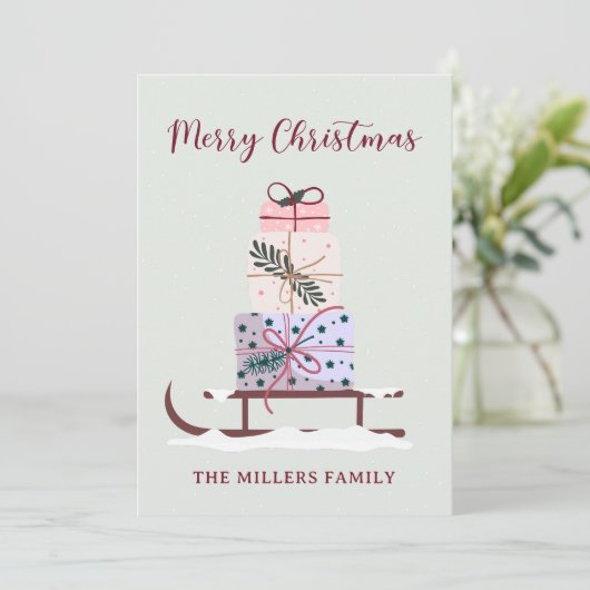 クリスマスそりは贈り物でいっぱいで、ライトグリーン シーズンカード (スタンド正面)