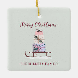 クリスマスそりは贈り物でいっぱいで、ライトグリーン セラミックオーナメント