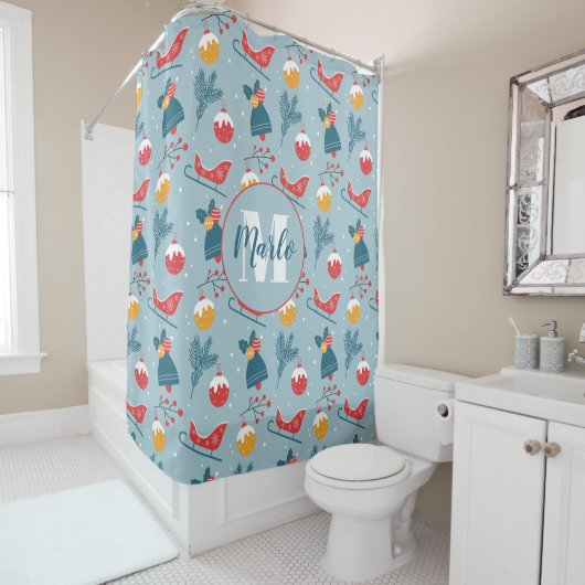 クリスマスそり、ベル&オーナメントパターン シャワーカーテン (インサイチュ)