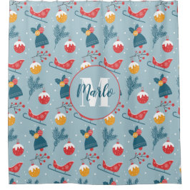 クリスマスそり、ベル&オーナメントパターン シャワーカーテン