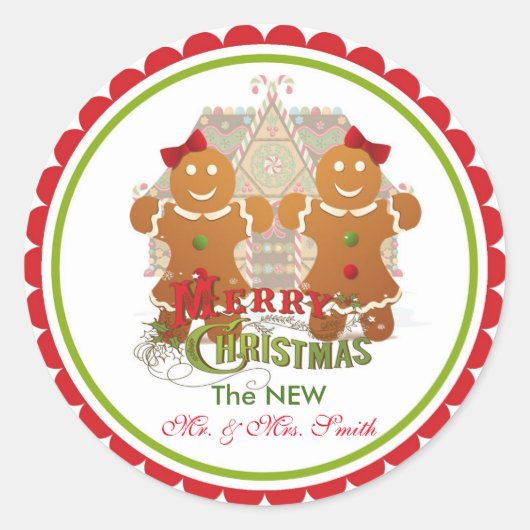 クリスマスたった今結婚しましたジンジャーブレッドカップルのシール ラウンドシール (正面)