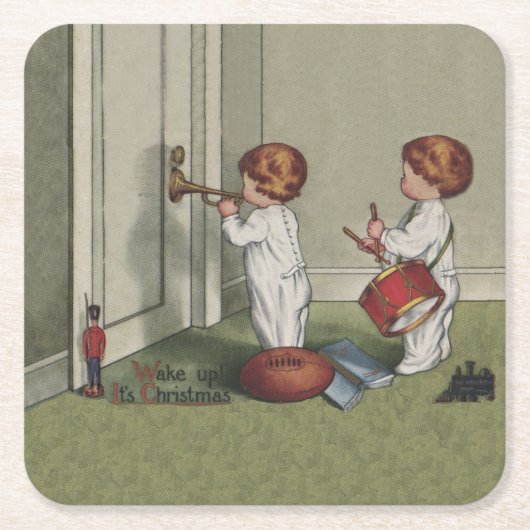 クリスマスだよ！かわいい子供のイラスト スクエアペーパーコースター (正面)