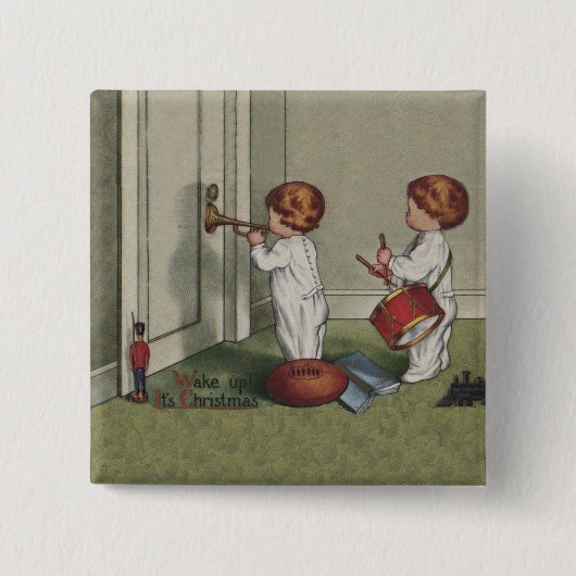クリスマスだよ 起きて!かわいい子供のイラスト 缶バッジ (正面)
