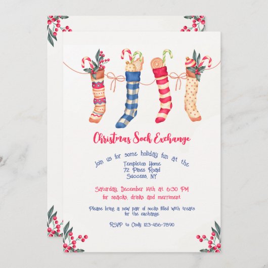 クリスマスつるストッキングと気に招待状 招待状 (正面/裏面)