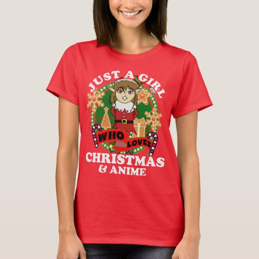 クリスマスとアニメエルフが好きな女の子 Tシャツ (正面)