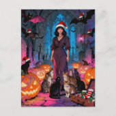 クリスマスとハロウィンの女性コウモリ猫 ポストカード (正面)