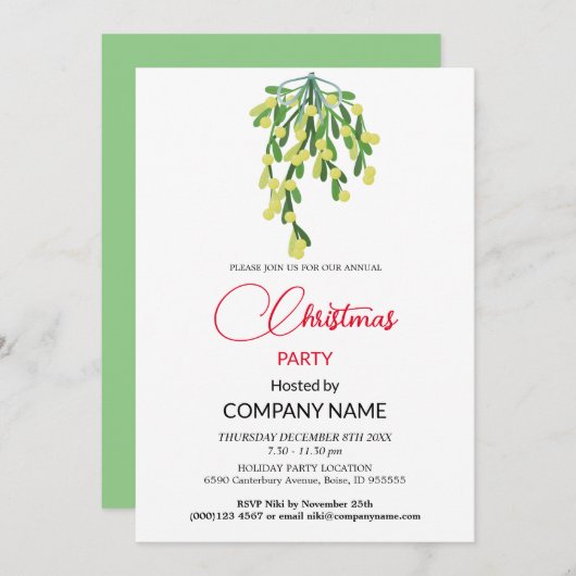 クリスマスとヤドリギの飾り企業の付け 招待状 (正面/裏面)