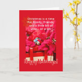 クリスマスとワインの亀とポインセチア カード (黄色い花)