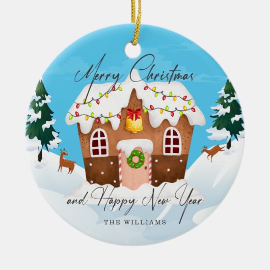 クリスマスと新年のごろごろしたジンジャーブレッド セラミックオーナメント (正面)