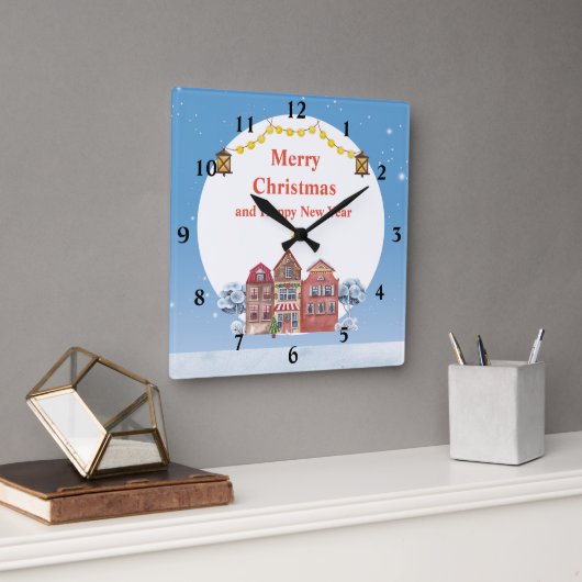 クリスマスと新年のご挨拶 10.75"  スクエア壁時計 (オフィス)