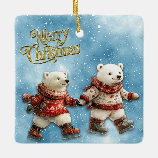 クリスマスと新年のスケートをするシロクマ セラミックオーナメント (正面)