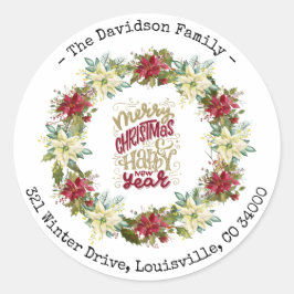 クリスマスと新年のポインセチアの花輪 ラウンドシール