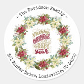 クリスマスと新年の幸せなポインセチアのリース ラウンドシール (正面)