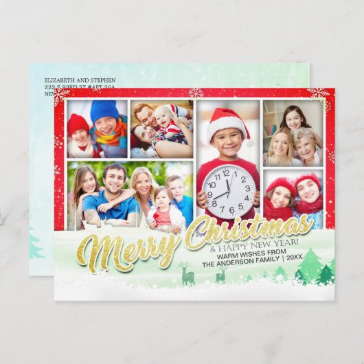 クリスマスと新年の挨拶6枚の写真コラージュ シーズンポストカード (正面/裏面)