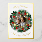 クリスマスと新年の挨拶、写真のリース 箔シーズンカード (正面)