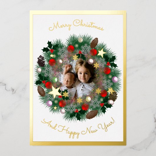 クリスマスと新年の挨拶、写真のリース 箔シーズンカード (正面)