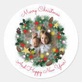 クリスマスと新年の挨拶、王冠の写真 ラウンドシール (正面)