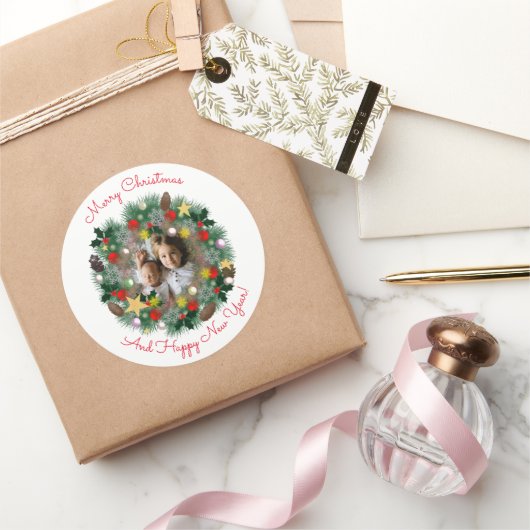 クリスマスと新年の挨拶、王冠の写真 ラウンドシール (ギフト)