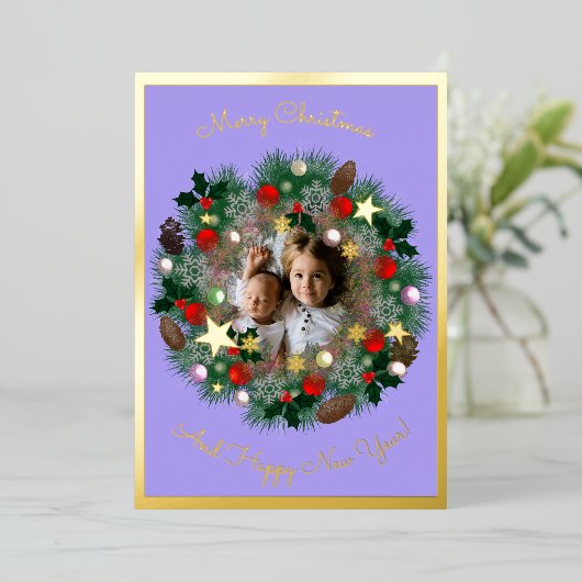 クリスマスと新年の挨拶、王冠の写真 箔シーズンカード (立ち正面)