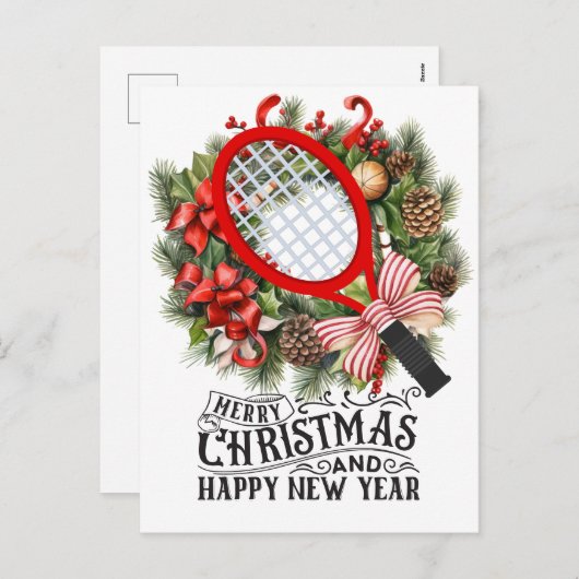 クリスマスと新年の選手のためのテニスラケット シーズンポストカード (正面/裏面)