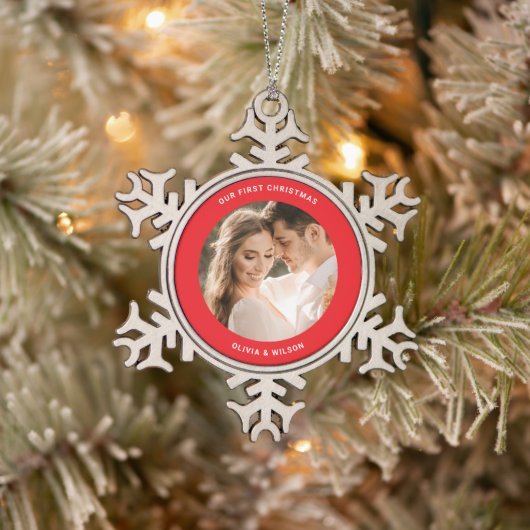 クリスマスと結婚おめでとう 写真入り スノーフレークピューターオーナメント (ツリー)
