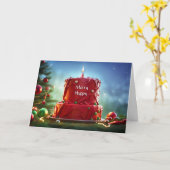 クリスマスと誕生日 レッドケーキとキャンドル カード (黄色い花)