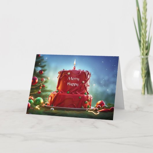 クリスマスと誕生日 レッドケーキとキャンドル カード (正面)