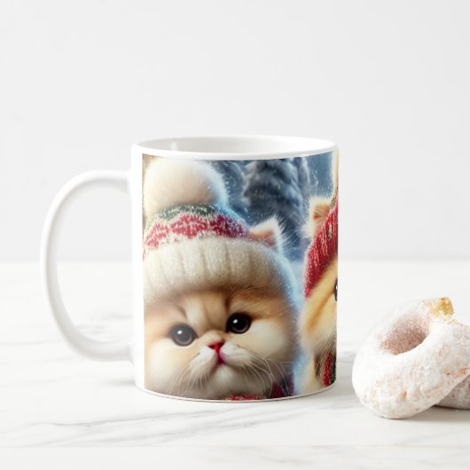 クリスマスと雪のフェスティバルの猫たち コーヒーマグカップ (ドーナツ)