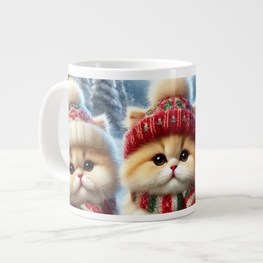 クリスマスと雪のフェスティバルの猫たち ジャンボコーヒーマグカップ (正面左)