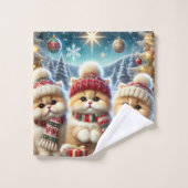 クリスマスと雪のフェスティバルの猫たち バスタオルセット (ウォッシュタオル)
