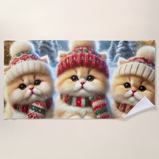 クリスマスと雪のフェスティバルの猫たち ビーチタオル (正面)