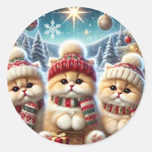 クリスマスと雪のフェスティバルの猫たち ラウンドシール (正面)