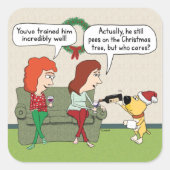 クリスマスにおもしろい犬を提供するかわいいワイン スクエアシール (正面)