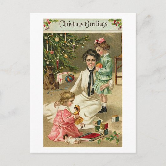 クリスマスにお母さん、女の子、おもちゃ シーズンポストカード (正面)