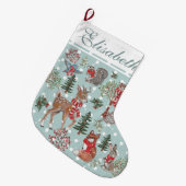 クリスマスにかわいい鹿が森の動物を見せる ラージクリスマスストッキング (正面 (吊り時))