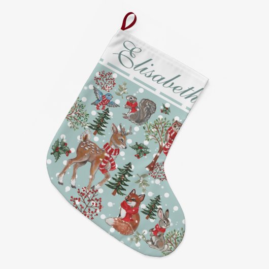 クリスマスにかわいい鹿が森の動物を見せる ラージクリスマスストッキング (正面 (吊り時))