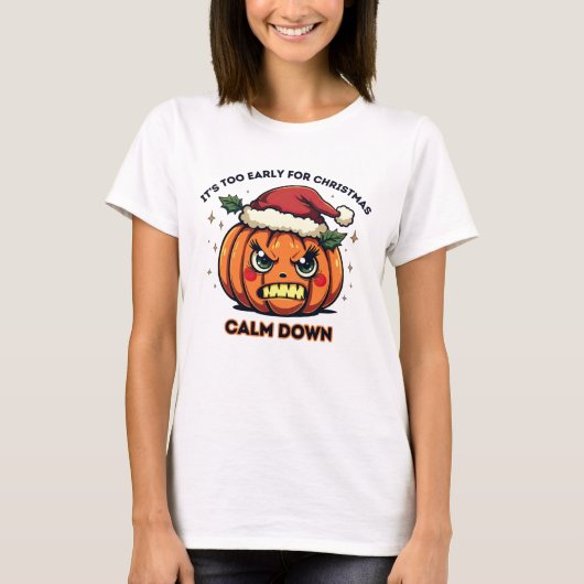 クリスマスには早すぎる – 怒 Santa Hat Pumpkin Tシャツ (正面)