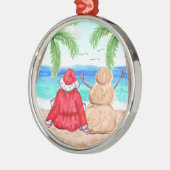 クリスマスにぴったりなサンタとビーチの雪だるま メタルオーナメント (左)