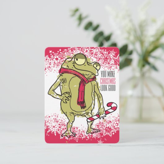 クリスマスによってハンドメイドカエルのスカーフの編み物のかぎ針編み シーズンカード (スタンド正面)