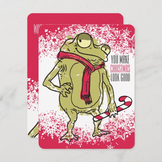 クリスマスによってハンドメイドカエルのスカーフの編み物のかぎ針編み シーズンカード (正面/裏面)